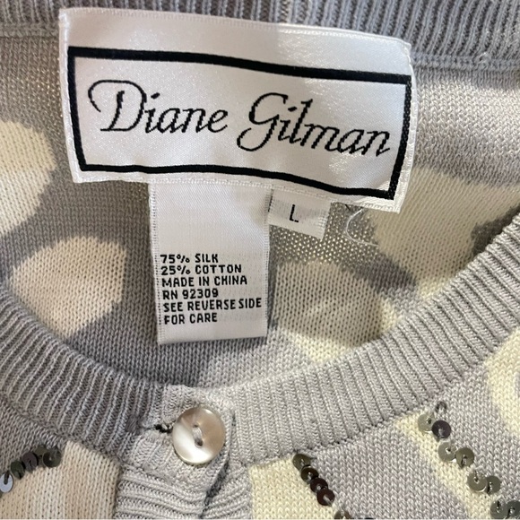 Diane Gilman Silk Cotton Sequin Cardigan Sweater Gray White Zebra Print Size L - Picture 8 of 12